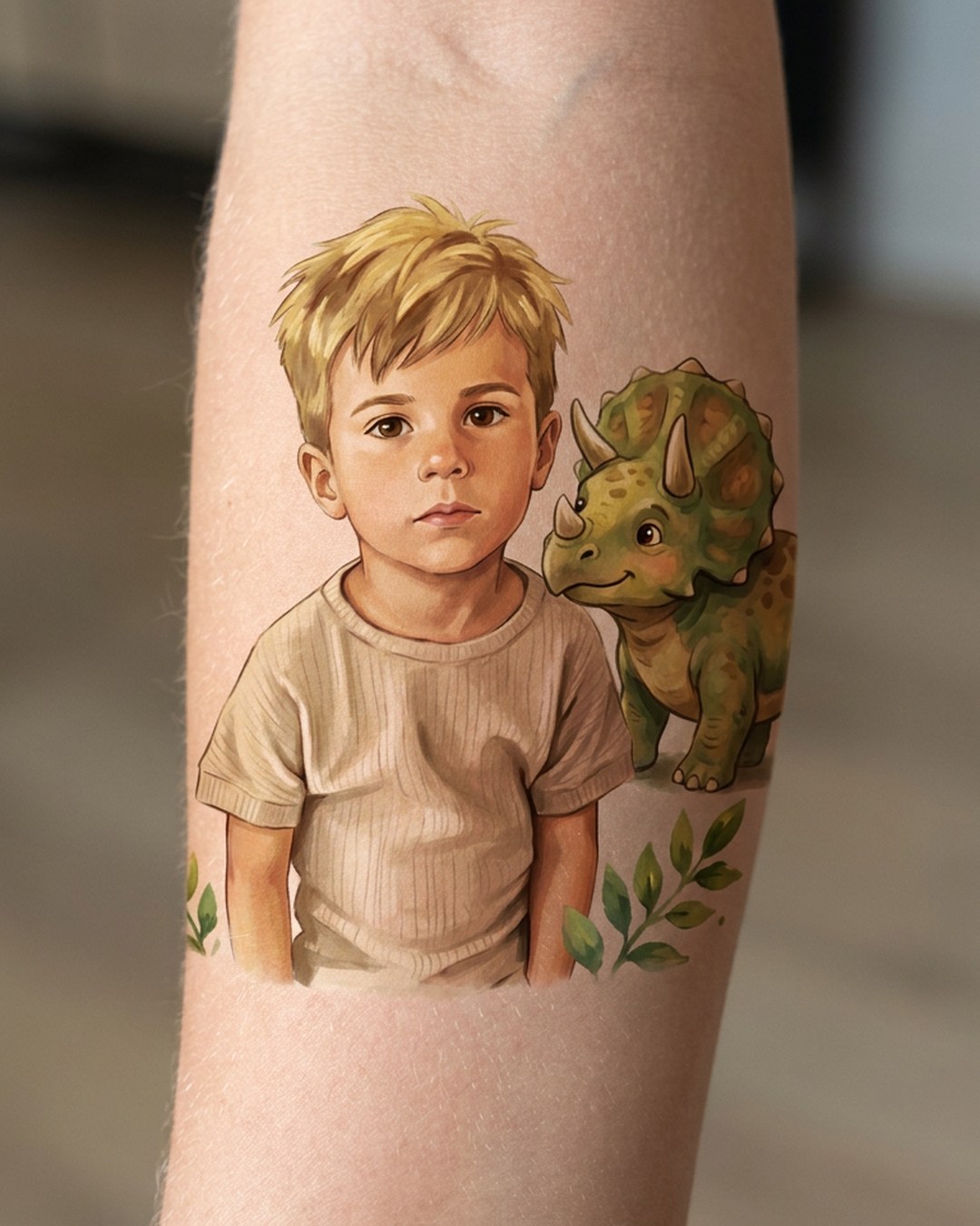 Tatuaggio temporaneo personalizzato applicato sul braccio di un bambino: il bambino illustrato accanto al suo dinosauro